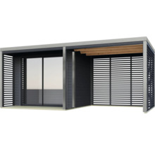 Moderne Gartenlaube mit Schiebetür und Lamellenwänden