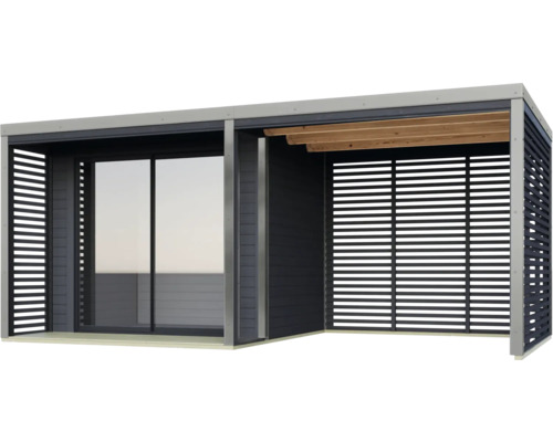 Moderne Gartenlaube mit Schiebetür und Lamellenwänden