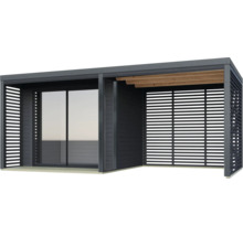 Moderne Gartenlounge mit Schiebetür und Lamellenwänden