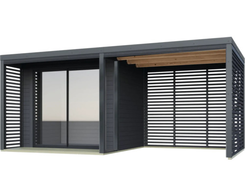 Moderne Gartenlounge mit Schiebetür und Lamellenwänden