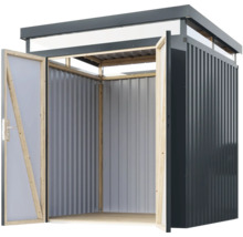 Offener Geräteschuppen mit Tür aus Metall und Holz