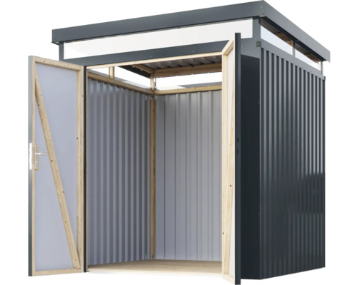 Offener Geräteschuppen mit Tür aus Metall und Holz