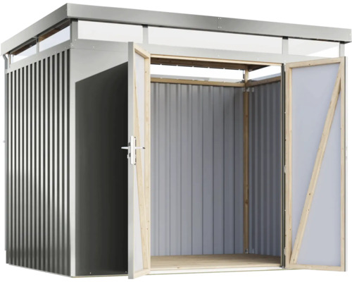 Metall Gerätehaus mit geöffneten Türen