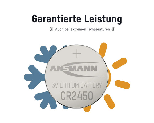Ansmann Logo CR2450 3V Lithium Knopfzelle, garantiert Leistung auch bei extremen Temperaturen