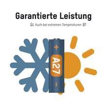 A27 Batterie mit Symbolen für extreme Temperaturen
