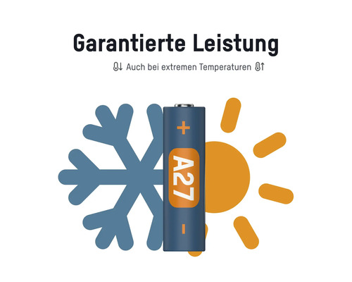 A27 Batterie mit Symbolen für extreme Temperaturen
