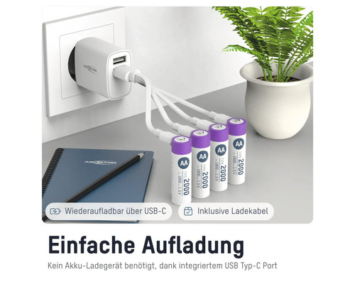Wiederaufladbare AA-Batterien mit USB-C-Ladefunktion und Ladekabel
