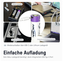 Ansmann Akku mit USB-C Ladeanschluss in verschiedenen Ladeszenarien