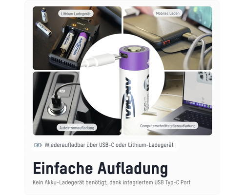 Ansmann Akku mit USB-C Ladeanschluss in verschiedenen Ladeszenarien