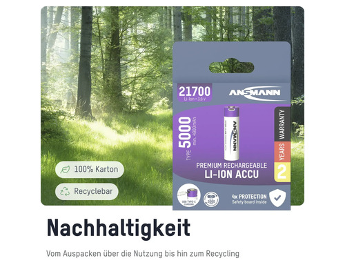 Ansmann 21700 Lithium-Ionen Akku mit 5000 mAh in Kartonverpackung
