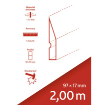 Technische Zeichnung eines Profils: Materialstärke unter 1,1 mm, Genauigkeit 1 mm pro Meter, Profilabmessungen 97 x 17 mm, stoßfest und 2,00 m lang.