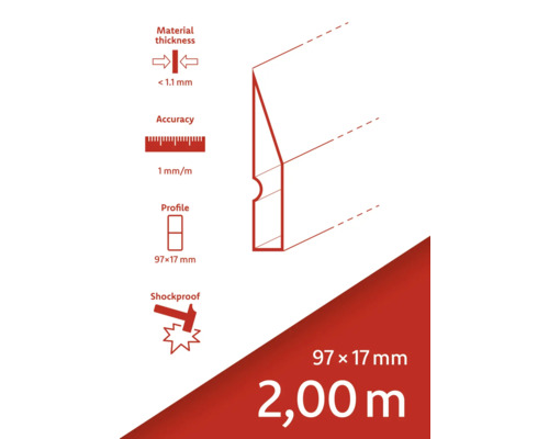 Technische Zeichnung eines Profils: Materialstärke unter 1,1 mm, Genauigkeit 1 mm pro Meter, Profilabmessungen 97 x 17 mm, stoßfest und 2,00 m lang.