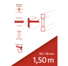 Materialstärke kleiner als 1,6 Millimeter, Genauigkeit 1 Millimeter pro Meter, Profil 93 x 18 Millimeter, stoßfest, 1,50 Meter