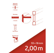 Materialstärke kleiner als 1,6 Millimeter, Genauigkeit 1 Millimeter pro Meter, Profil 93 x 18 Millimeter, stoßfest, 2,00 Meter