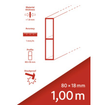 Materialstärke weniger als 1,8 Millimeter, Genauigkeit 1 Millimeter pro Meter, Profil 80 x 18 Millimeter, stoßfest, Länge 1 Meter