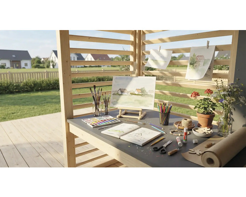 Kreativer Arbeitsbereich im Freien mit Staffelei, Farben, Pinsel, Papier und Blumen