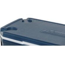 Coleman Logo auf einer Kühlbox mit Getränkehaltern und Messskala
