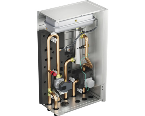 Innenansicht einer Heizungsanlage mit Rohren, Pumpe und Isolierung