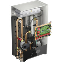 Geöffneter Heizkessel mit internen Komponenten und elektronischer Steuerung.