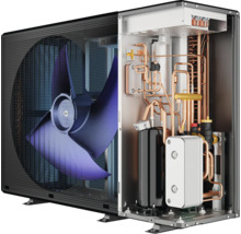 Aufgeschnittene Darstellung einer Wärmepumpe mit internen Komponenten