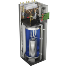 Schnittansicht eines Heizkessels mit Rohren, elektronischen Bauteilen und einem Wärmetauscher