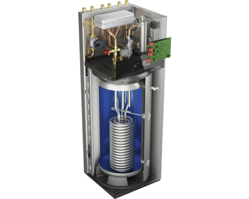 Schnittansicht eines Heizkessels mit Rohren, elektronischen Bauteilen und einem Wärmetauscher