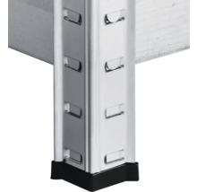 Detailaufnahme einer Metalleckverbindung mit Regalbefestigung und schwarzem Fuß