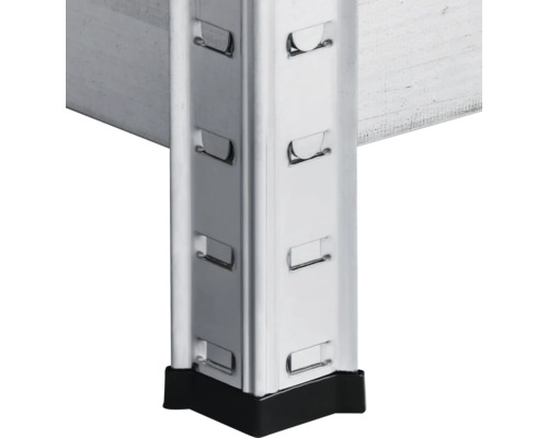 Detailaufnahme einer Metalleckverbindung mit Regalbefestigung und schwarzem Fuß