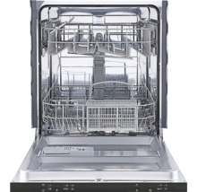 Innenansicht eines Geschirrspülers mit geöffneter Tür und herausziehbaren Geschirrkörben.