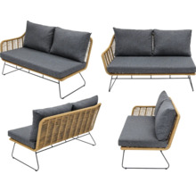 Gartensitzbank mit Rattangestell und Sitzkissen, verschiedene Ansichten