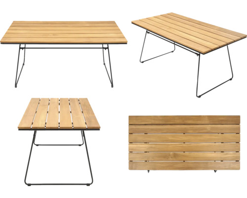 Verschiedene Ansichten eines Gartentisches mit Holzplatte und Metallgestell