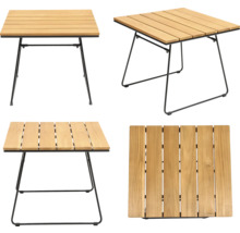 Quadratischer Holztisch mit Metallbeinen in vier Ansichten