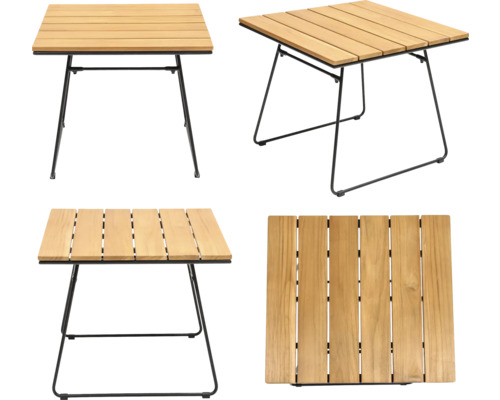 Quadratischer Holztisch mit Metallbeinen in vier Ansichten