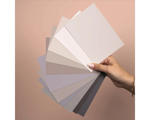 Eine Hand hält Farbmusterkarten in verschiedenen Grautönen zur Farbauswahl.