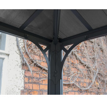 Detailansicht einer Pavillonkonstruktion mit Metallsäulen und Dach