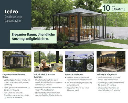 Ledro Gartenpavillon mit geschlossenem Design, Aluminiumrahmen und Polycarbonatplatten für Garten, Terrasse oder als Gartenbüro mit zehn Jahre Garantie