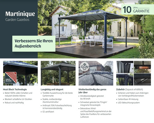 Martinique Gartenpavillon mit zehn Jahre Garantie und Zubehör für Garten, Terrassen und Außenbereiche.