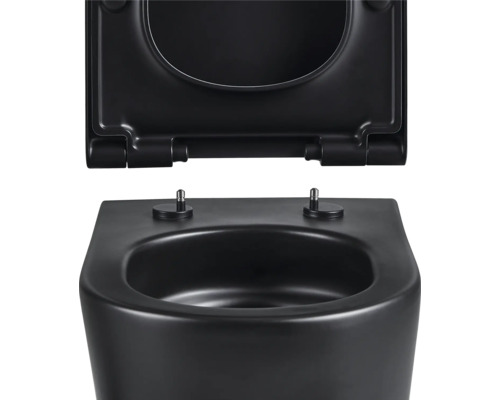 Schwarzes Wand-Tiefspül-WC mit offenem Spülrand und WC-Sitz