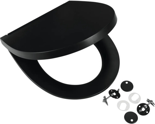 Schwarzer Toilettensitz mit Befestigungsmaterial