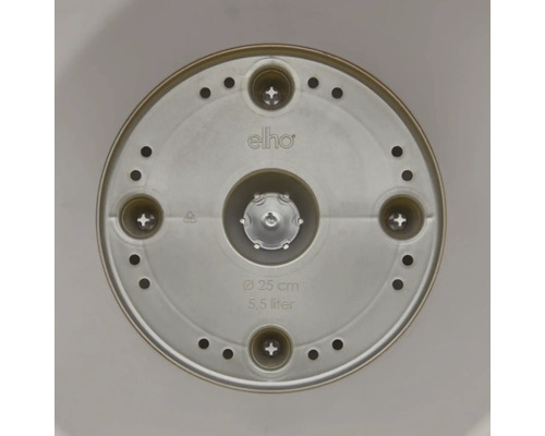 Unterseite eines runden Blumentopfuntersetzers mit 25 Zentimeter Durchmesser und 5,5 Liter Volumen, Elho Logo