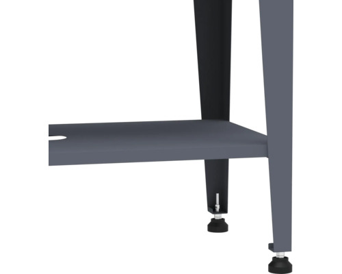 Detailansicht eines Werktischgestells mit verstellbaren Füßen und Ablagefläche