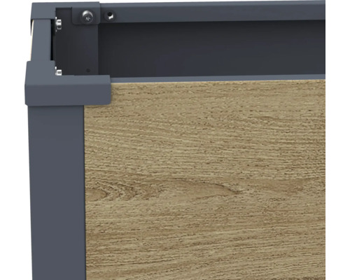 Eckverbinder für Hochbeet mit Holzoptik Paneelen und Metallrahmen