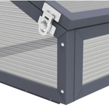 Detailansicht eines Frühbeets mit Aluminiumrahmen und Stegdoppelplatten sowie einem Verschlussmechanismus für den Deckel.