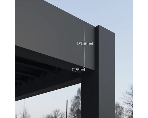 Detailansicht einer Terrassenüberdachung mit Größenangabe