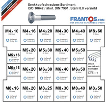 Senkkopfschrauben Sortiment ISO 10642, ähnlich DIN 7991, Stahl 8.8 verzinkt mit Innensechskantschlüssel