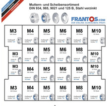 Muttern und Scheiben Sortiment nach DIN 934, 985, 9021 und 125 B, Stahl verzinkt