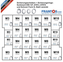 Sortiment Sicherungsscheiben und Sicherungsringe DIN 127, 6797J, 6797A und Schnorr Form S, aus verzinktem Stahl