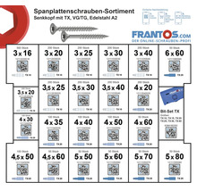 Spanplattenschrauben Sortiment mit Senkkopf, TX Aufnahme, VG/TG Gewinde, aus Edelstahl A2, verschiedene Größen