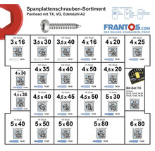 Spanplattenschrauben Sortiment mit Panhead, TX Antrieb, VG Beschichtung, Edelstahl A2 und ein TX Bit-Set