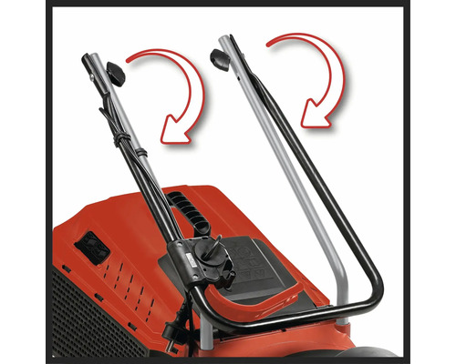 Detailansicht eines Rasenmähers, der die einklappbare Funktion des Griffs mit Pfeilen zeigt.